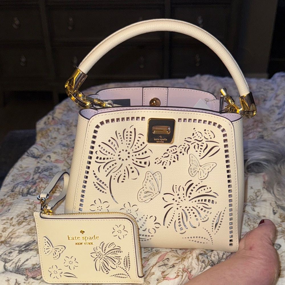 Kate Spade Cream Satchel with Floral and Butterfly Cutouts included cardholder